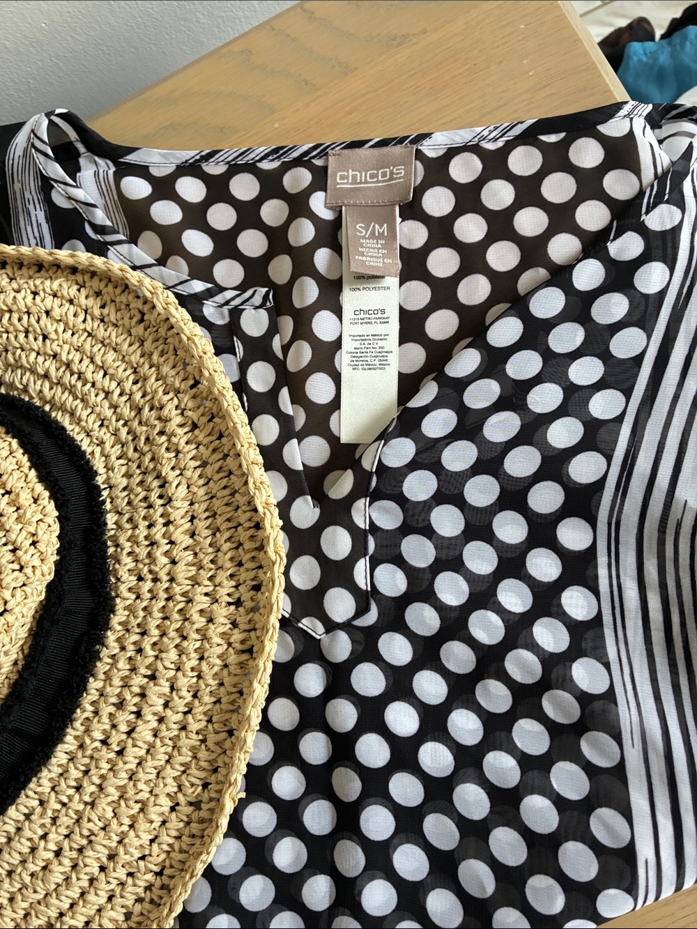 Chico's Black & White Mixed Polka Dot & Stripe V-Neck Tunic